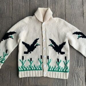 Vintage Handknitted Cowichan Duck and Cattails Wool Cardigan Sweater Men XL
